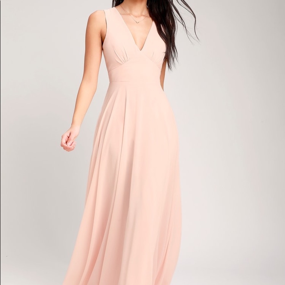 V-Neck Blush Maxi w Keyhole Back, Sheer Yoke